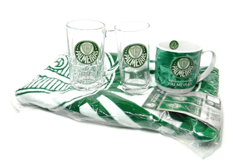 Kit Presente Torcedor Palmeiras SP 4x1 Toalha 2Canecas e Copo